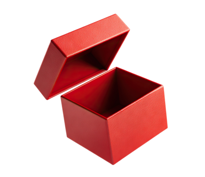 Open red gift box floating in air, isolated on transparent cutout background