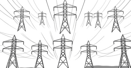 Electricity transmission towers with overhead power lines in repeating pattern, vector background for energy infrastructure, utility design, engineering, and industrial visual projects.
