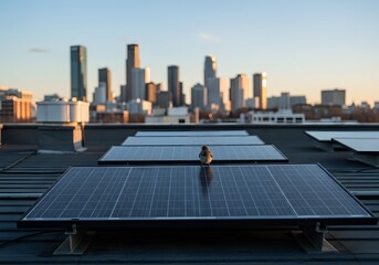 Bird rests peacefully on solar panels with city skyline at sunset, showcasing urban sustainability and renewable energy solutions for a greener tomorrow