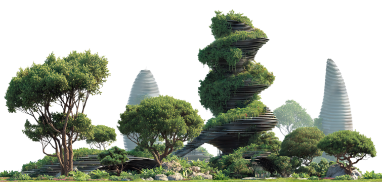 Futuristic urban landscape with innovative green architecture and vertical gardens, isolated on transparent cutout background