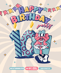 Playful cartoon birthday invitation for kids. Bright and cheerful birthday invitation with cute characters and a gift and the number 10