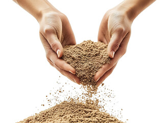 Hands pouring sand, isolated on transparent cutout background