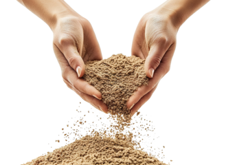 Hands pouring sand, isolated on transparent cutout background