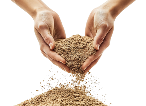 Hands pouring sand, isolated on transparent cutout background