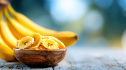 Fresh bananas and banana slices in a wooden bowl on a rustic table