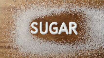Subtle gust of wind blows white grains away leaving only some particles behind that spell the word SUGAR on top of a wooden surface, smooth transition, baking ingredient