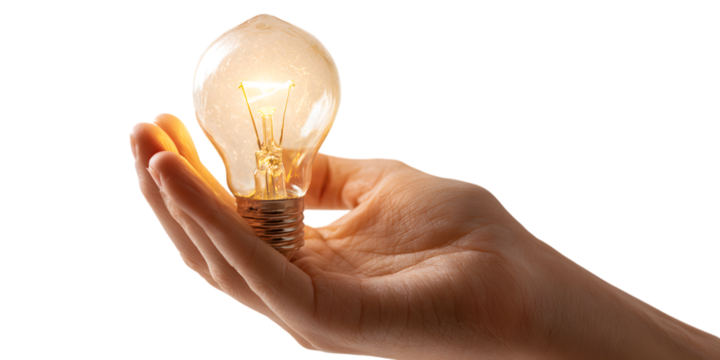Hand holding illuminated lightbulb, idea, solution concept