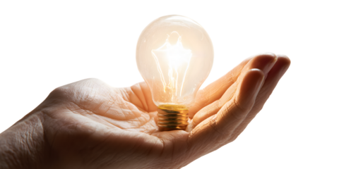 Hand holding glowing lightbulb, idea, innovation, solution concept