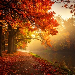 Autumnal park path by a misty canal