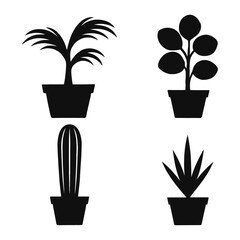 Obraz premium Silhouette Set of Potted Houseplants - Cactus, Succulent, and Tropical Plants