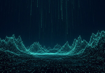 Abstract digital landscape featuring mountains and falling data streams, futuristic visualization.