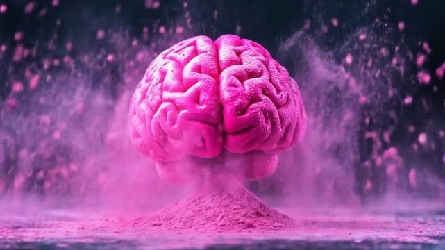 A vibrant pink brain explodes in a cloud of color