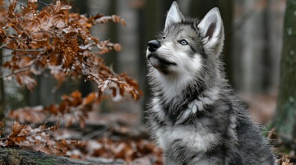 Obraz premium Young Wolf Sitting on Snow-Dusted Rocks in Autumn Forest with Alert Expression