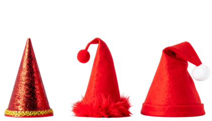 Holiday bundle with three unique Santa hats isolated on transparent background