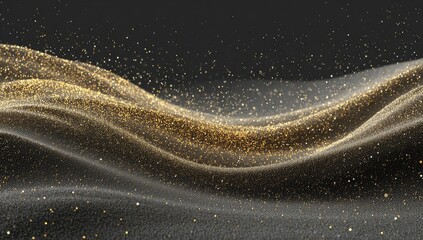 Abstract background of gold particles flowing over a dark gray surface.  A soft, wavy pattern of golden particles moves across a dark gray base, creating a sense of motion and depth