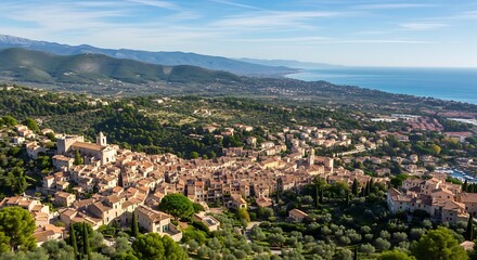 Panoramic landscape of a coastal village nestled in green hills by the sea.