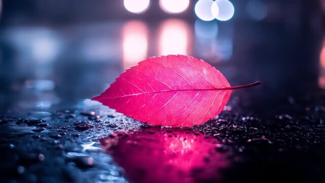 A vibrant pink leaf rests on a dark, wet surface at night, lit by soft, ambient light