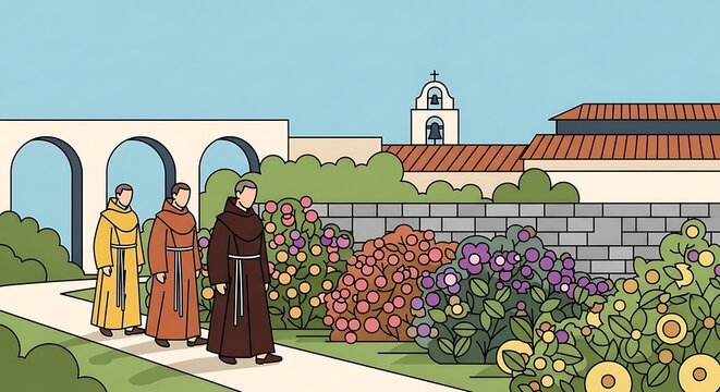 Monks walking in garden. (2)