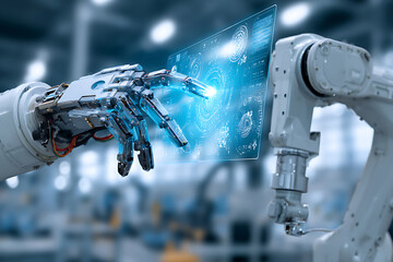 Cybernetic Touch: A Detailed Robotic Hand Interacts with a Luminous Blue Holographic Interface in a Smart Factory.