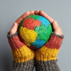Hands holding a colorful, painted globe.  Warm, cozy knitted mittens in various shades of yellow, red, and gray surround the sphere.  Soft lighting on a neutral background