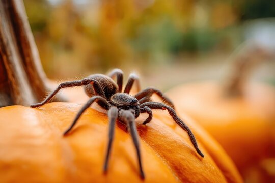 Halloween spider crawling on pumpkin - Powered by Adobe