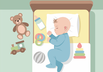 Sweet dreams of a newborn baby boy sleeping in his cot, a top-down flat vector illustration. 