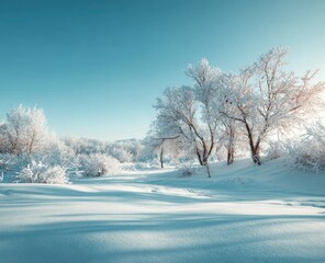 Tranquil Winter Wonderland Snowy Landscape with Frosty Trees and Blue Sky.