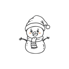 cute cartoon snowman with a hat in doodle style. Christmas Coloring page. Vector illustration

