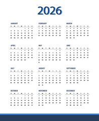 2026 year Calendar. Classical, minimalistic, simple design. White background. Vector Illustration. 