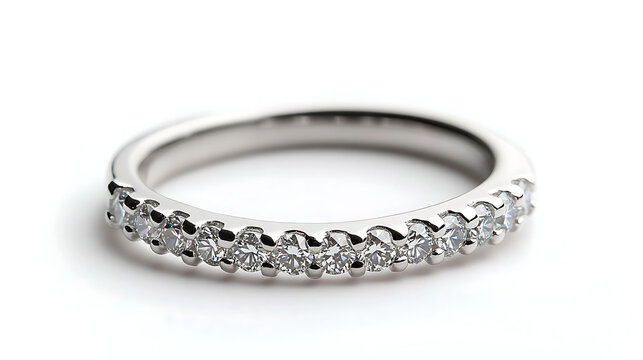 An open band ring featuring small round lab diamonds spaced evenly, placed flat on white background, clean overhead lighting highlighting metal polish,