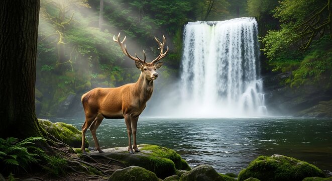 Deer by Waterfall.