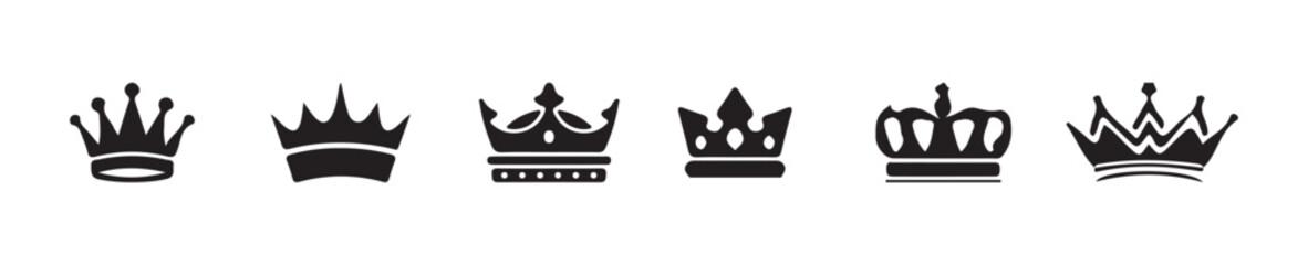 Set of black crown icons, royal king crown, princes, queen, king crown black silhouette, big collection quolity crowns, Vector Illustration EPS 10.