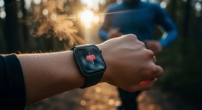 Smartwatch fitness tracker heart rate monitor during run workout exercise health technology app digital display outdoor nature sunlight background - Powered by Adobe