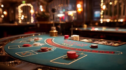 Luxury blackjack table inside elegant casino with poker chips, playing cards, golden lights, and gambling atmosphere