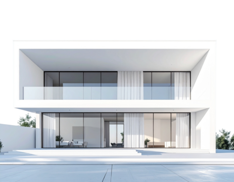 Minimalist white modern house with flat roof and large windows front view isolated on transparent background PNG
