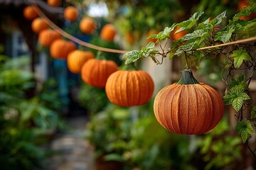 Obraz premium Vibrant Orange Pumpkins Hanging in a Lush Garden Setting for Autumn Decoration