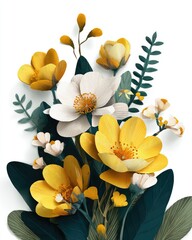 Whimsical bouquet of yellow and white flowers with dark green foliage