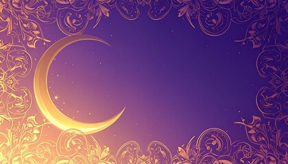 Ramadan Greeting Card Background with Crescent Moon, Mosque and Lanterns