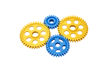 Blue and yellow plastic gears isolated on transparent background