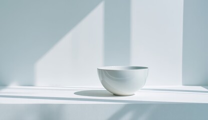 A plain white bowl sits on a white surface, bathed in sunlight casting subtle shadows