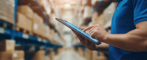 The warehouse worker using a tablet for inventory management in an aisle