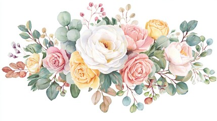 Watercolor floral illustration with pastel roses and delicate leaves, soft brush texture isolated on white background, elegant decorative design element