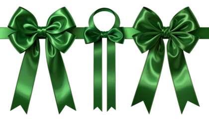 Three decorative green ribbon bow variations isolated on transparent background