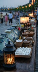 Fototapeta premium Evening market scene by the water