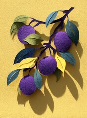Paper plums on branch,  yellow background.  Cutout fruit and leaves in shades of purple,  green, and yellow.  Soft shadows