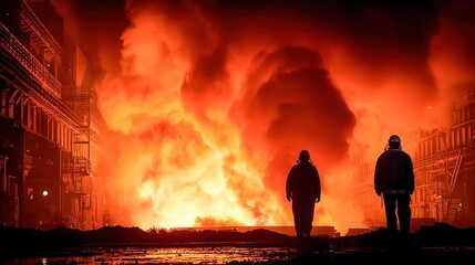 Fototapeta premium Firefighters stand in front of a raging inferno, facing the intense heat and danger of the fire.