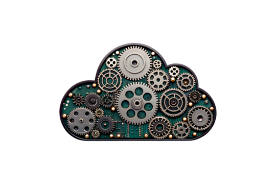 Cloud computing concept with gears and circuit board isolated on transparent background