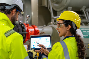 Industry professionals in helmets and uniforms collaborating over system control, pipeline, and...