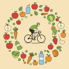 Cyclist riding bicycle surrounded by healthy food icons. Healthy lifestyle concept.