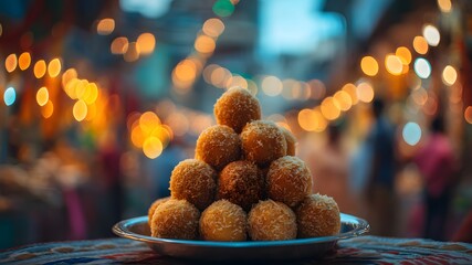 Plate of round laddu sweets stacked in pyramid shape with blurred festive lights and people in background during Indian celebrations.